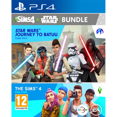 The packaging features vibrant artwork with characters from The Sims 4 and Star Wars, showcasing lightsabers, a stormtrooper, and a dark figure, all against a colorful background.