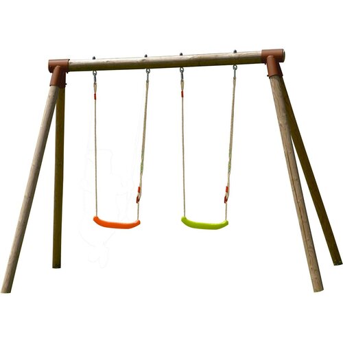 Brown wooden swing set featuring a sturdy frame with two swings in vibrant orange and green, suspended by durable ropes, suitable for outdoor play.
