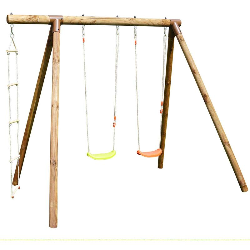 Wooden playset featuring a sturdy frame with two swings in yellow and orange, a climbing ladder, and a natural wood finish, ideal for outdoor play.