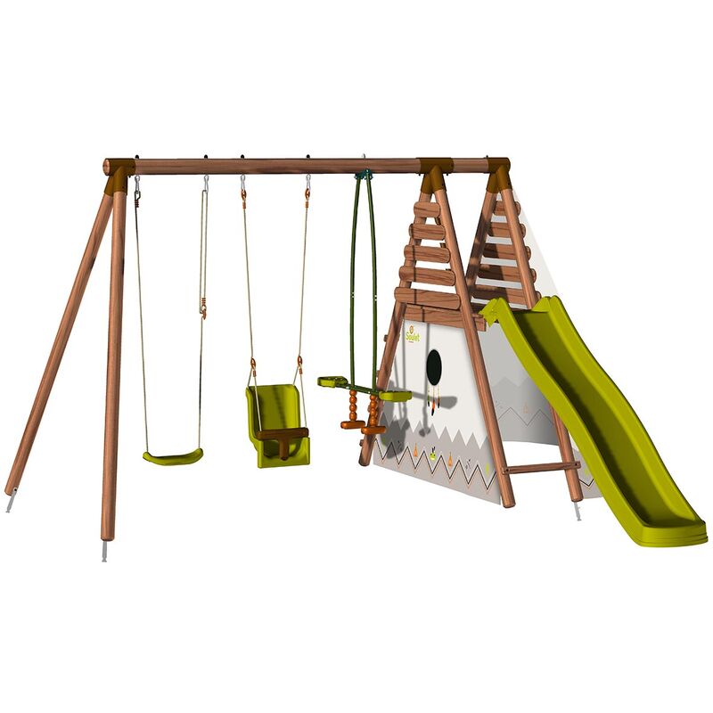 Wooden swing set in brown featuring two swings, a baby seat, a green slide, and a climbing frame with a zigzag design on the side.