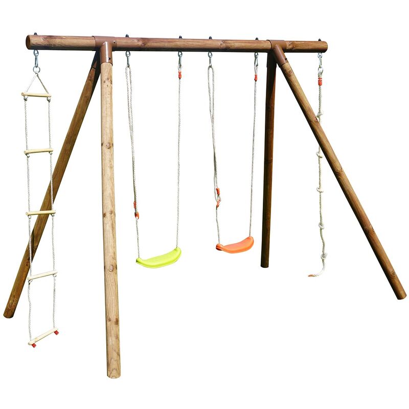 Brown wooden garden swing set featuring two swings in bright orange and yellow, a climbing ladder, and a rope for climbing, all supported by sturdy wooden posts.