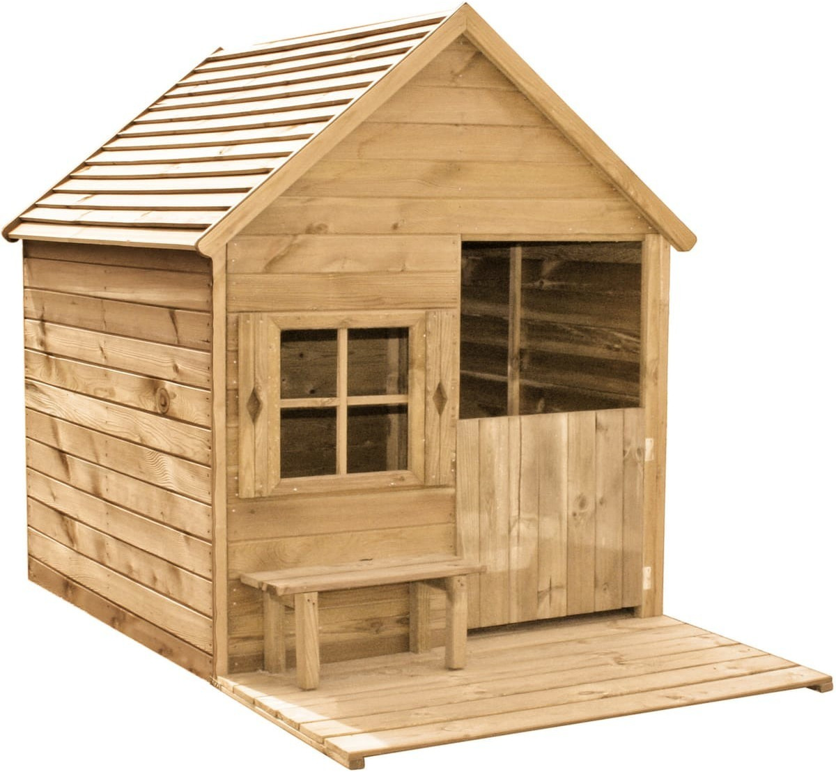 Wooden playhouse with a sloped roof, featuring a front porch, a window with shutters, and a wooden door, all in a natural wood finish.
