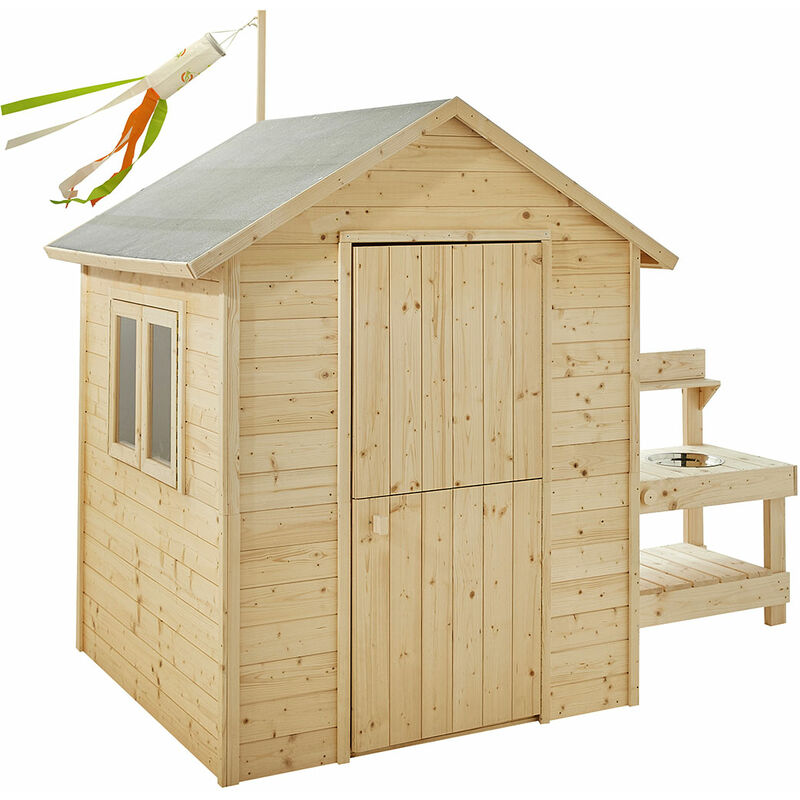 Wooden children's playhouse with a gray roof, a front door, a window, and a mini kitchen area on the side, featuring a small countertop and a flag with colorful ribbons on top.