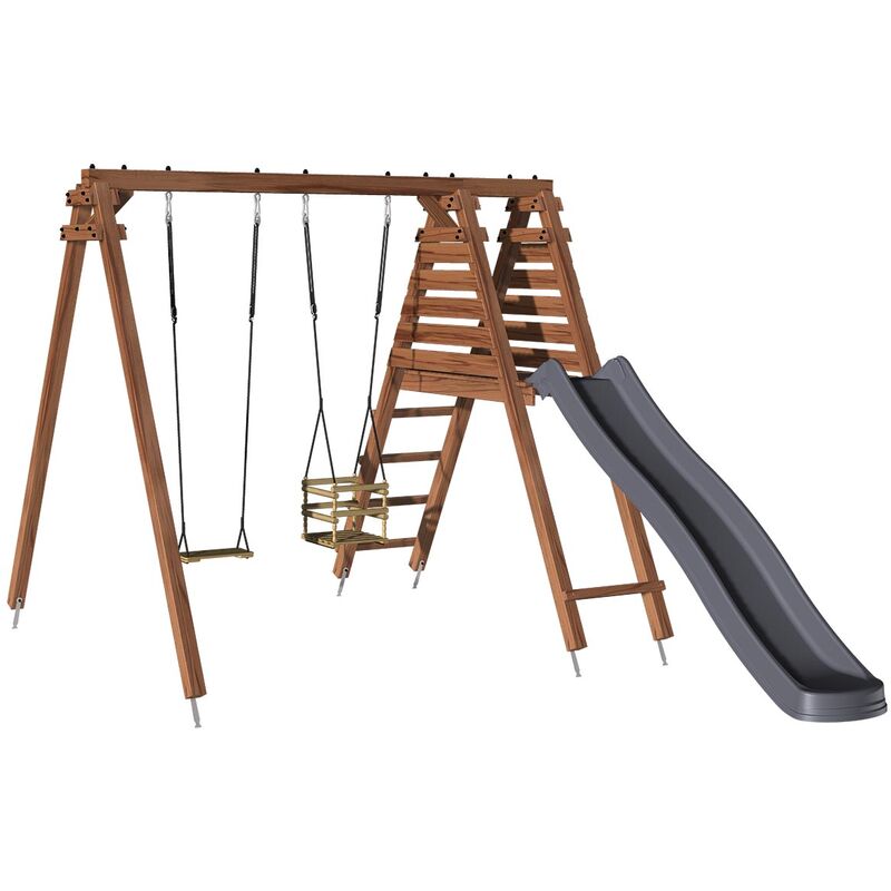 Wooden playset in a square design, featuring a grey slide, two swings, and eco-friendly treated wood in a rich prune color.