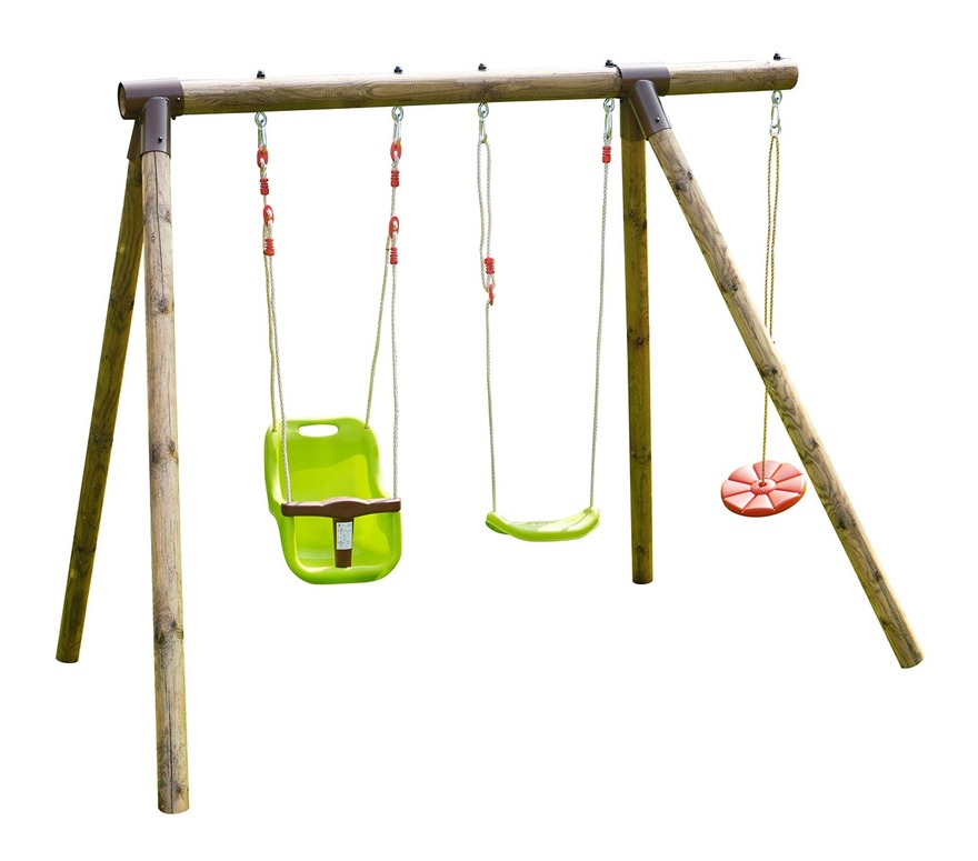Brown wooden garden swing set featuring three swings: a green baby seat, a traditional swing, and a red disc swing, supported by sturdy wooden A-frame legs.