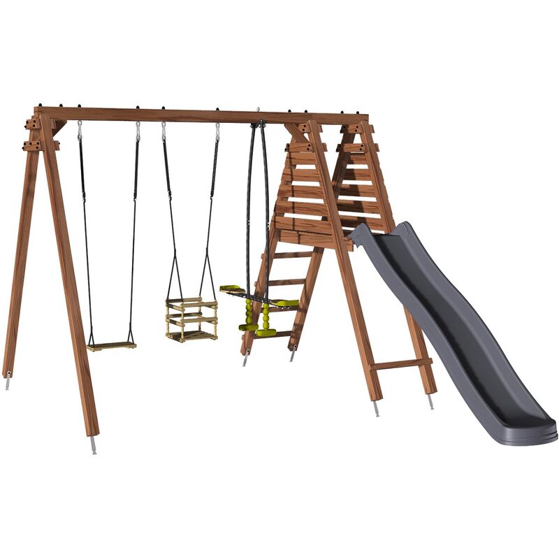 Wooden playset with a gray slide, two swings, and a climbing ladder, featuring eco-friendly materials and a square design, suitable for outdoor use.
