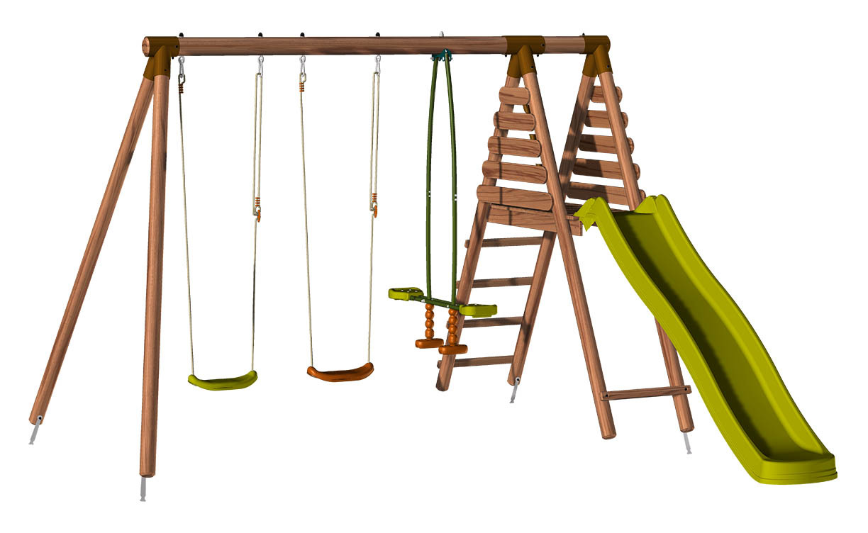 Brown wooden swing set featuring two swings, a climbing ladder, and a green slide, designed for outdoor play.