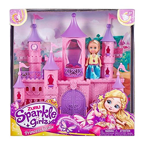Mini pink castle with purple turrets and a cupcake doll, featuring a clock and decorative elements, designed for imaginative play.