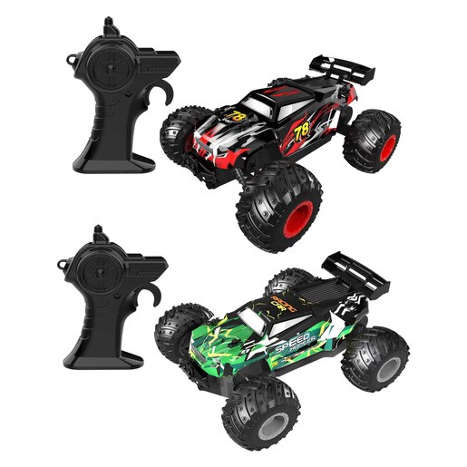 Two remote control cars in 1:10 scale: one in red and black with bold graphics and large tires, the other in green with lightning designs, both with matching black controllers.
