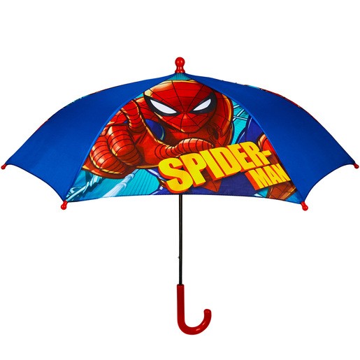 Blue umbrella featuring a vibrant Spider-Man graphic, with red accents and a curved red handle, showcasing Spider-Man in a dynamic pose and bold "SPIDER-MAN" text.