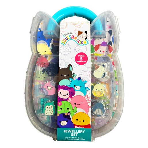 Colourful Squishmallows Jewellery Making Craft Set in a clear, cat-shaped case, featuring beads, charms, and tools to create five necklaces, with various cute character designs.