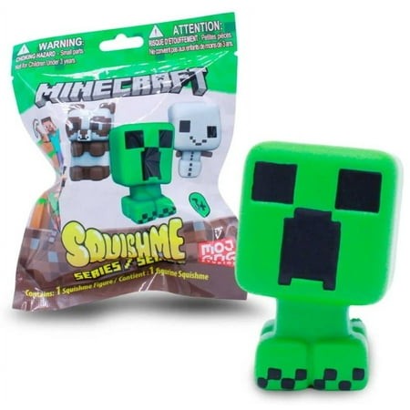Green squishy Minecraft Creeper figure with a blocky design, featuring a pixelated face, packaged in a colorful bag labeled "SquishMe Series 5."