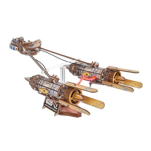 Anakin Skywalker’s Podracer features a sleek design with brown and gold detailing, twin engines with transparent yellow tips, and a clear support stand, showcasing its dynamic racing style.