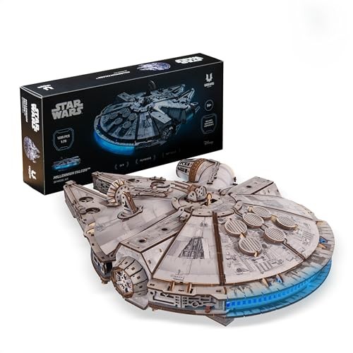 3D wooden puzzle model of the Millennium Falcon from Star Wars, featuring intricate details, a light blue base, and a themed box with Star Wars branding.