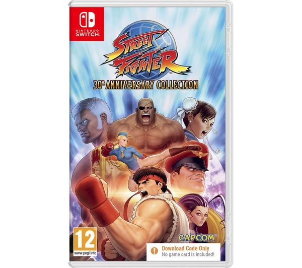 Nintendo Switch game case for "Street Fighter 30th Anniversary Collection" featuring colorful artwork of iconic characters and a white background, with a PEGI 12 rating and Capcom logo.