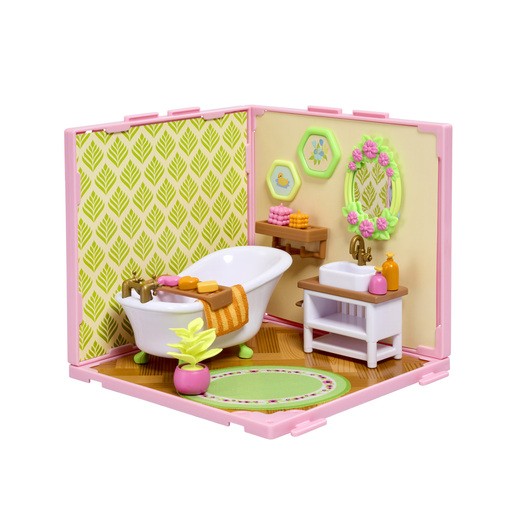 Colorful bathroom playset featuring a white clawfoot tub with towels, a wooden sink with decorative bottles, green leafy wallpaper, and a pink rug with a potted plant.