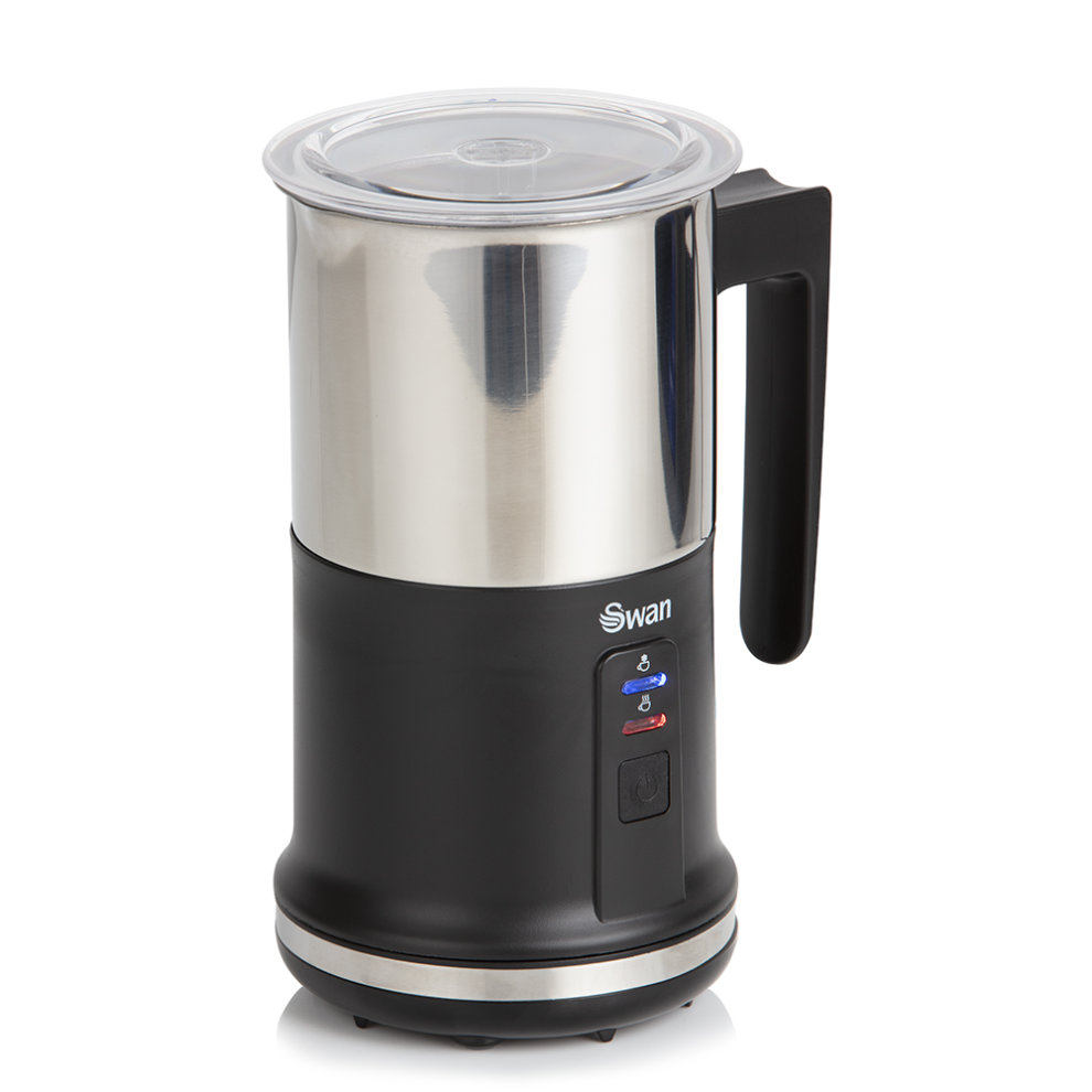 Swan Automatic Milk Frother features a sleek stainless steel body with a black base, clear lid, and easy-to-use buttons for frothing and heating milk.