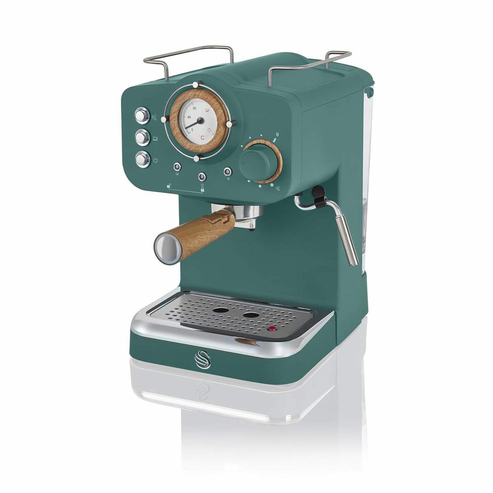 Teal Swan Nordic Pump Espresso Coffee Machine features a wooden accent, pressure gauge, and chrome details, with a sleek design and a stainless steel drip tray.