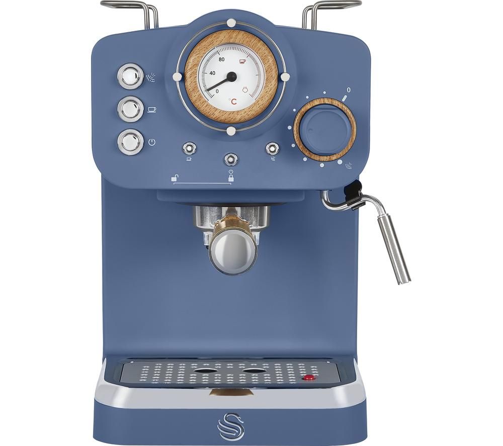 Swan Nordic Pump Espresso Coffee Machine in soft blue with wooden accents, featuring a pressure gauge, multiple control buttons, and a steam wand for frothing milk.