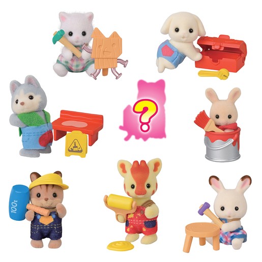 Eight adorable Sylvanian Families baby animal figures in various colors, each holding tools or working on small projects, with a mystery figure highlighted in pink.