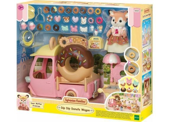 A pink donut wagon playset featuring a cute animal character, assorted colorful donuts, an umbrella, and various accessories for imaginative play.