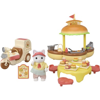 Colorful hamburger stand set featuring a yellow and brown food stall with a red flag, a delivery scooter, a white cat figure in a chef's outfit, and various food items on a table.