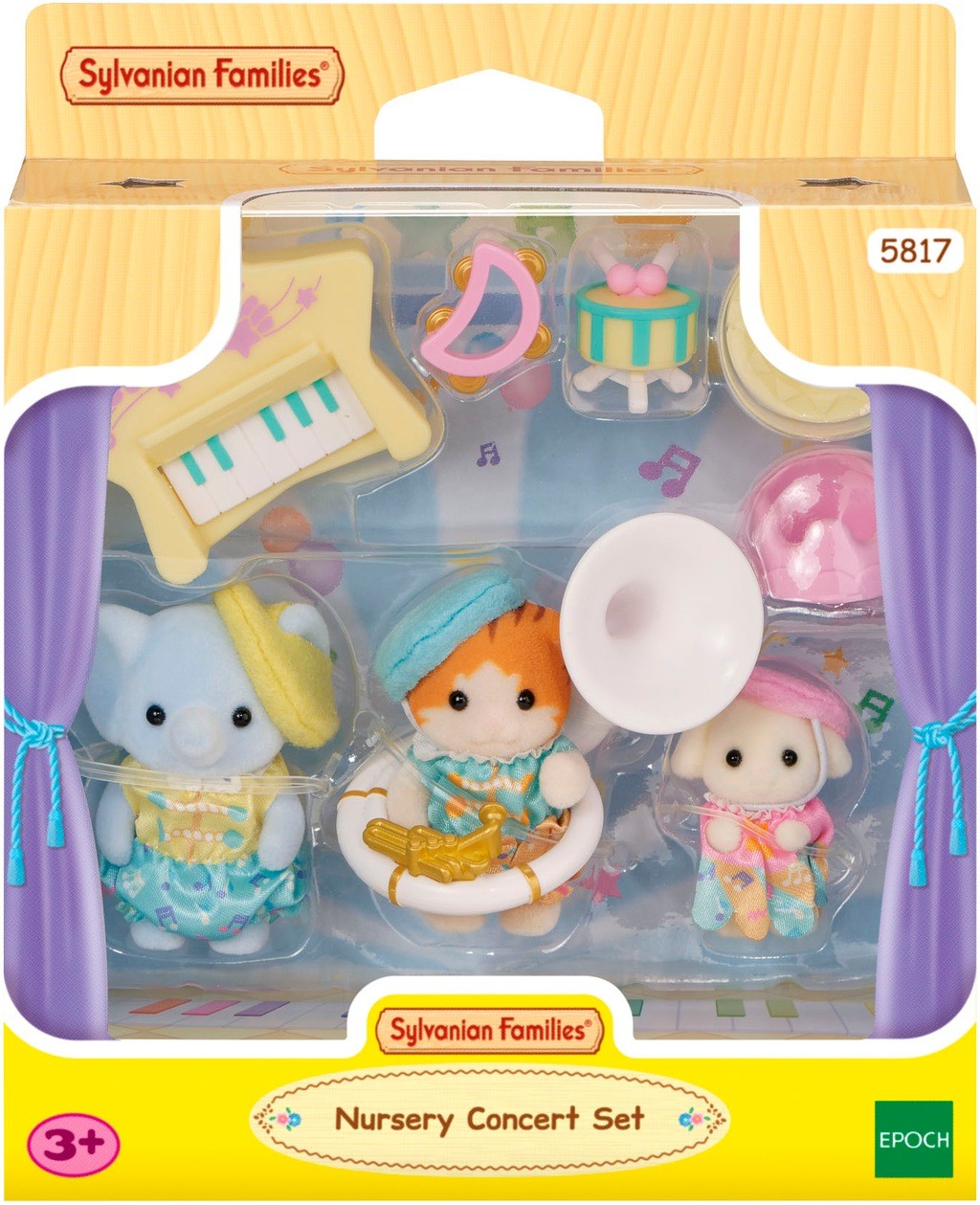 Colorful Sylvanian Families Nursery Concert Playset featuring a blue elephant, a brown-haired child, and a white baby, with a piano, musical instruments, and decorative items.