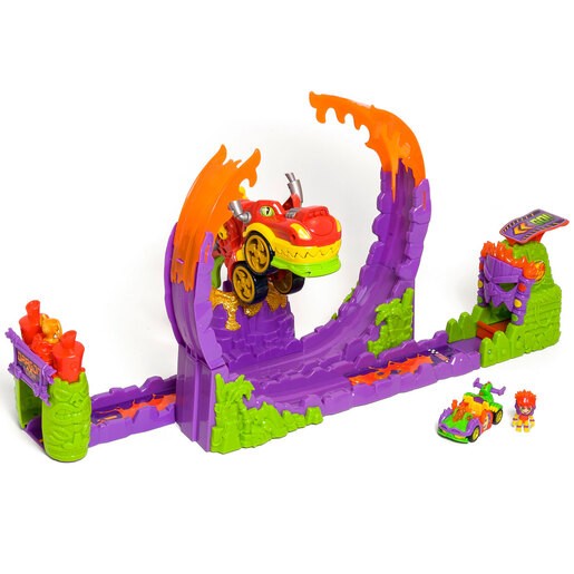 Colorful T-Racers Dragon Loop Challenge Playset features a purple track with green accents, a fiery orange loop, a red and yellow racing car, and a smaller car, all made of durable plastic.
