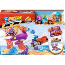 Colorful T-Racers Pirate Shark Attack Playset featuring a purple shark, two toy cars, and a pirate character, set against a beach backdrop with vibrant packaging.