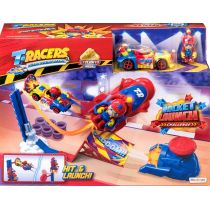 Colorful T-Racers Rocket Launch Challenge Playset features a red rocket launcher, two toy cars, and a vibrant track with ramps, designed for action-packed racing fun.