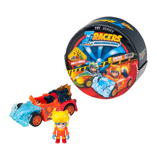 Colorful toy car with a blue and orange design, featuring a character figure with blonde hair and goggles, alongside a round packaging showcasing various racers.