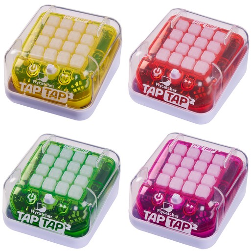 Four colorful Tap Tap Smart Fidget Toys in yellow, green, red, and pink, each with a clear plastic cover and a grid of white buttons for interactive play.