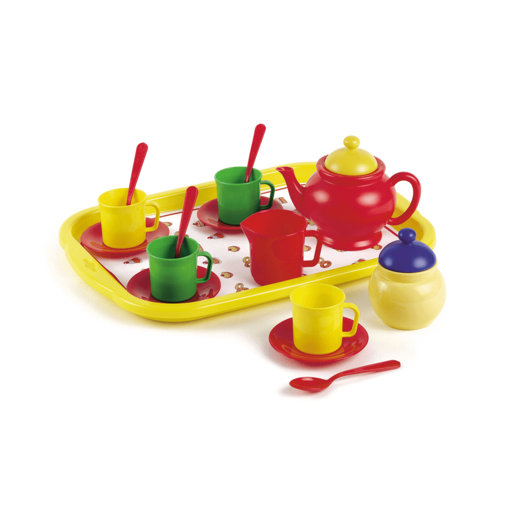 Colorful plastic tea set featuring a red teapot, yellow sugar bowl, green and red cups with matching saucers, and a yellow tray with playful designs.