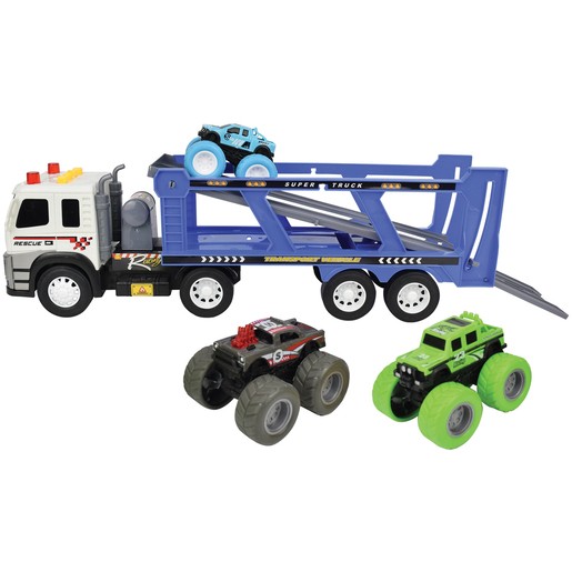 Blue transporter truck with a ramp, featuring a red and black monster truck, a green monster truck with large wheels, and a small blue truck on top.