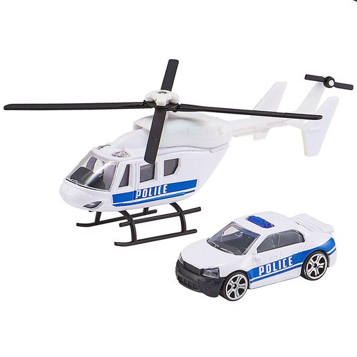 White emergency response helicopter with black rotor blades and blue police stripes, accompanied by a matching white police car with blue accents.