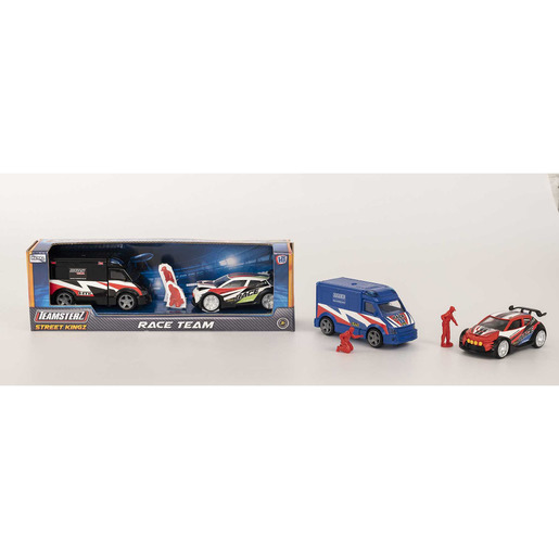 A colorful set of toy race cars in a box, featuring a sleek black and white car, a blue delivery truck, and red figurines, all made of durable plastic.