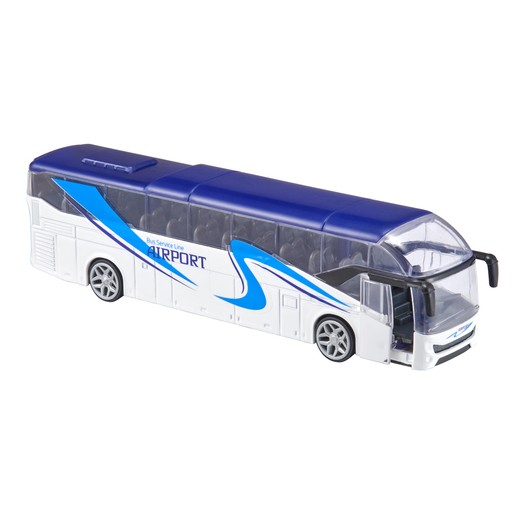 Diecast city coach vehicle in white and blue, featuring "AIRPORT" branding, with a sleek design, tinted windows, and detailed wheels, suitable for play or display.