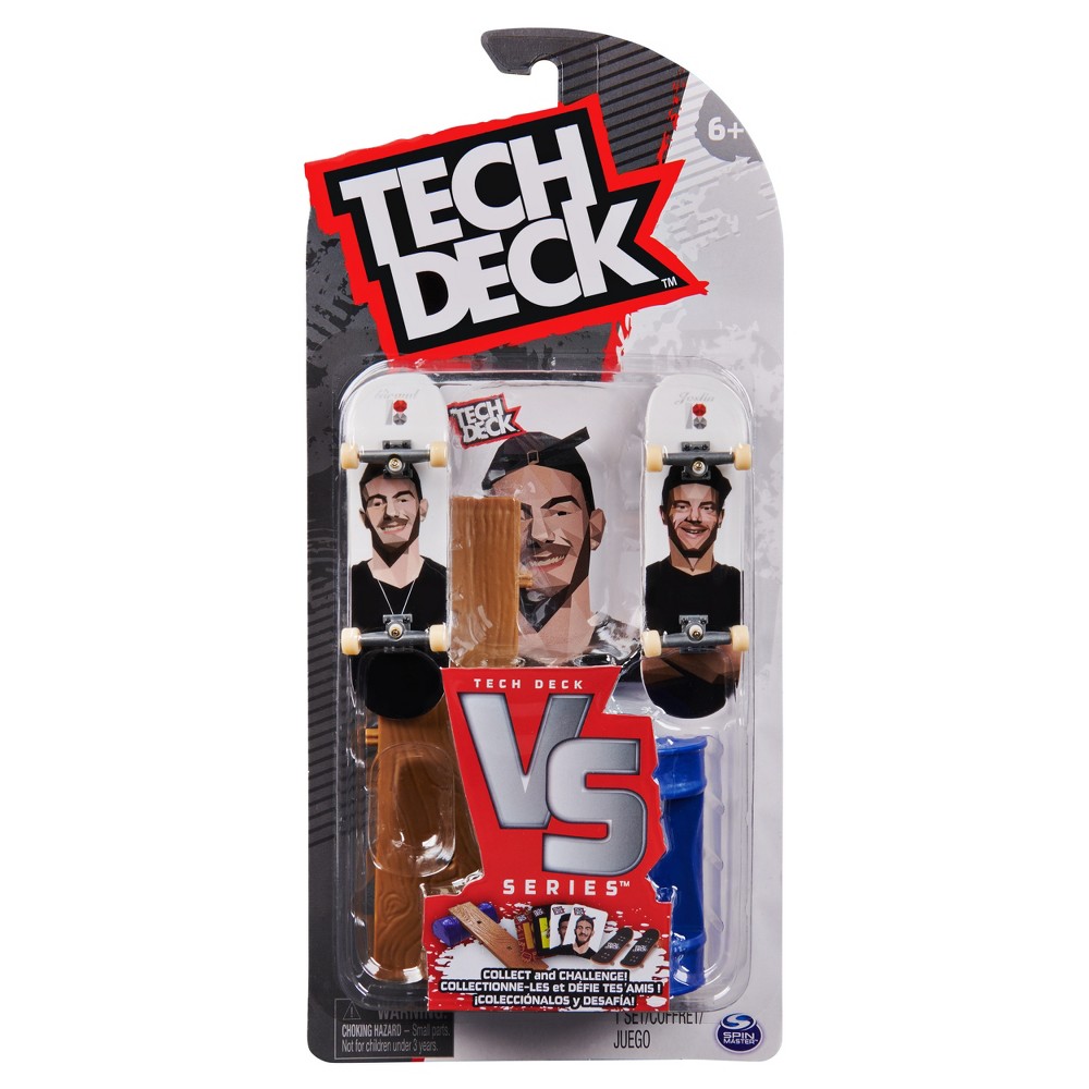 Tech Deck Versus Series set featuring two fingerboards with unique graphics, a wooden ramp obstacle, and colorful packaging, designed for ages 6 and up.