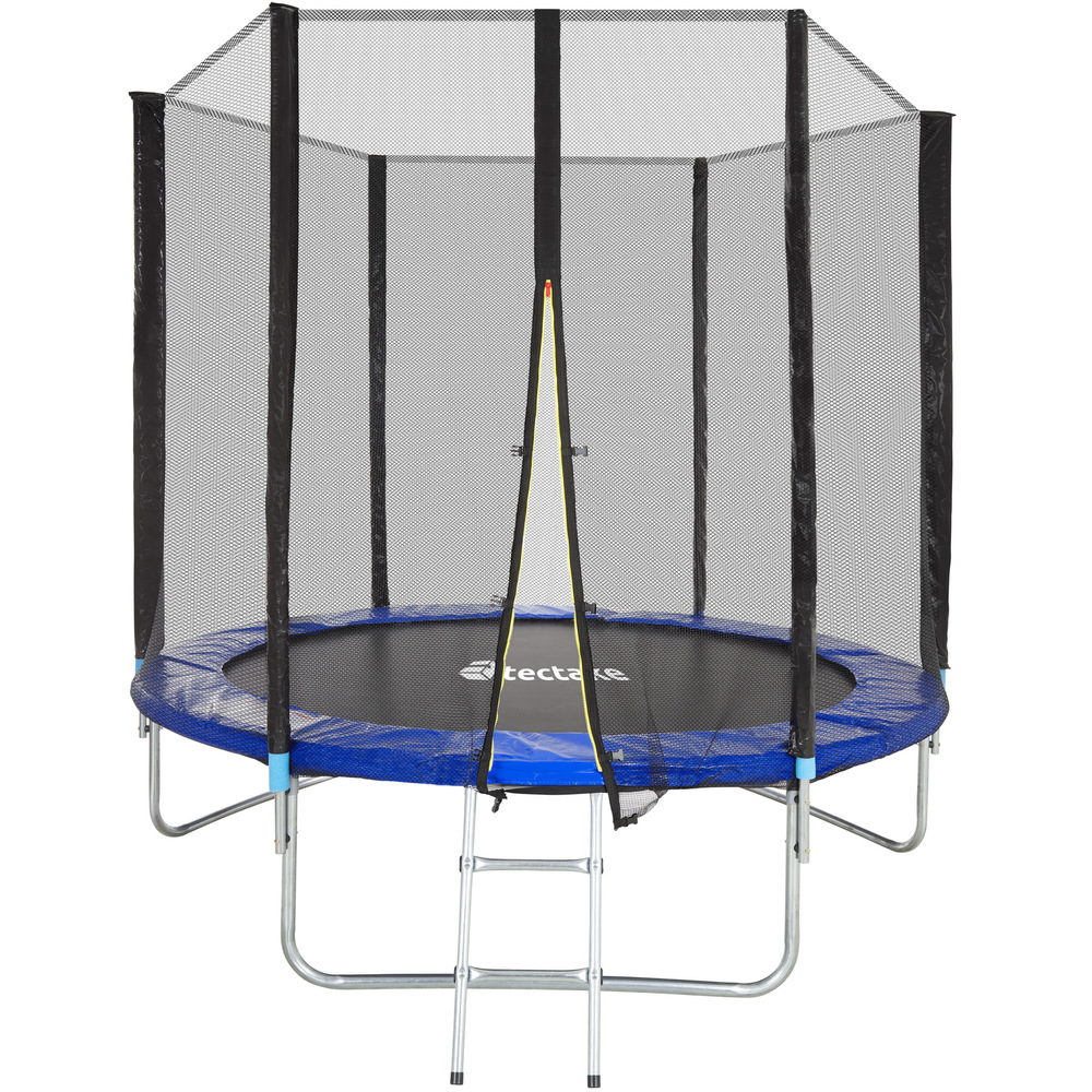 Blue and black fitness trampoline with a protective net, sturdy metal frame, and a ladder, designed for outdoor use and suitable for children.