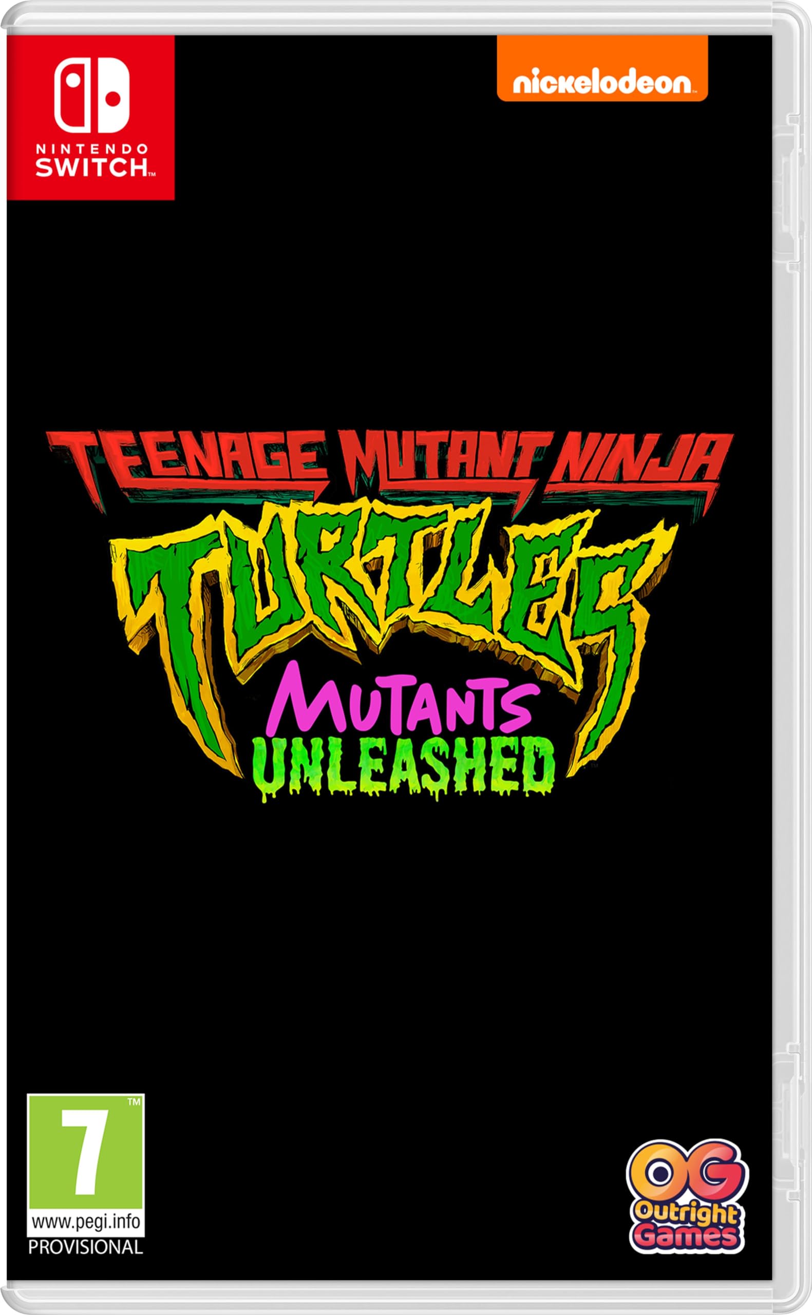 Nintendo Switch game case featuring vibrant green and purple "Teenage Mutant Ninja Turtles: Mutants Unleashed" title, with a black background and logos for Nickelodeon and Outright Games.