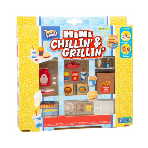 Colorful mini playset featuring various food items like burgers, drinks, and condiments, displayed in a vibrant box with a blue and yellow design, suitable for ages 5 and up.