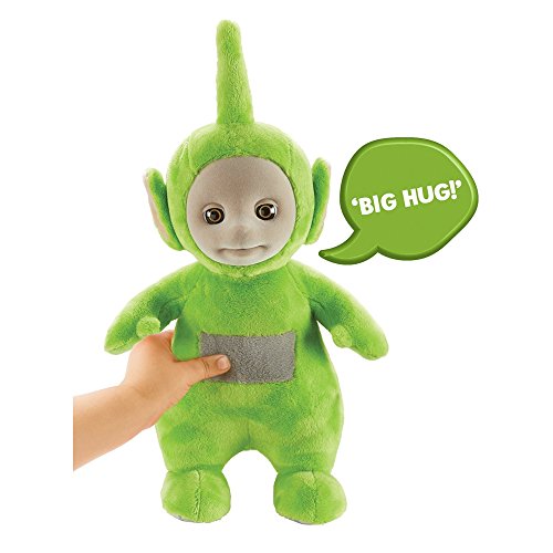 Soft green Dipsy Teletubby plush toy with a smiling face, large eyes, and a distinctive antenna, featuring a gray patch on its belly and a speech bubble saying "BIG HUG!"