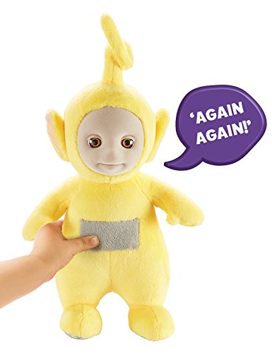 Soft yellow Laa-Laa plush toy with a smiling face, large eyes, and a tufted antenna, featuring a gray patch on its belly and a speech bubble saying "AGAIN AGAIN!"