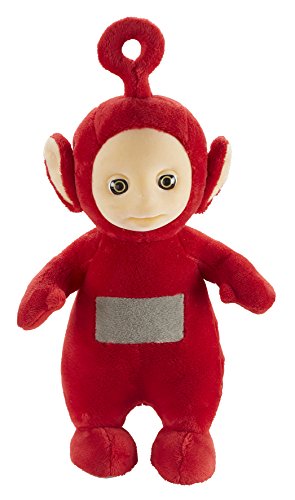 Red plush Teletubbies Talking Po soft toy with a round face, large eyes, and a small antenna on top, featuring a gray patch on its belly.