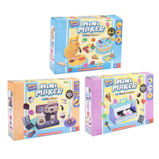 Three colorful boxes of Tenny Tinies Mini Maker Craft Set, featuring a cookie shop, ice cream parlor, and dessert-themed accessories, each with vibrant illustrations and playful designs.
