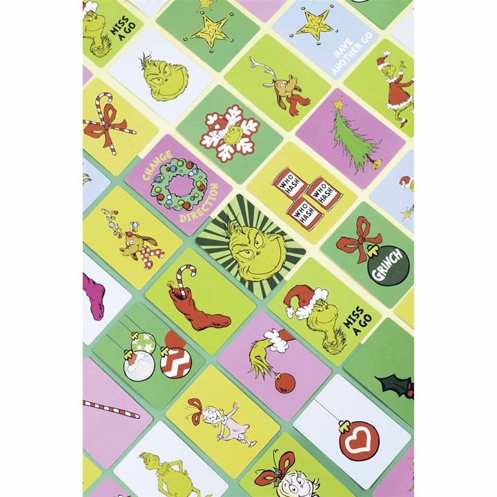 Colorful card game featuring whimsical illustrations from "The Grinch," including characters, holiday symbols, and playful text on a vibrant green and pastel background.