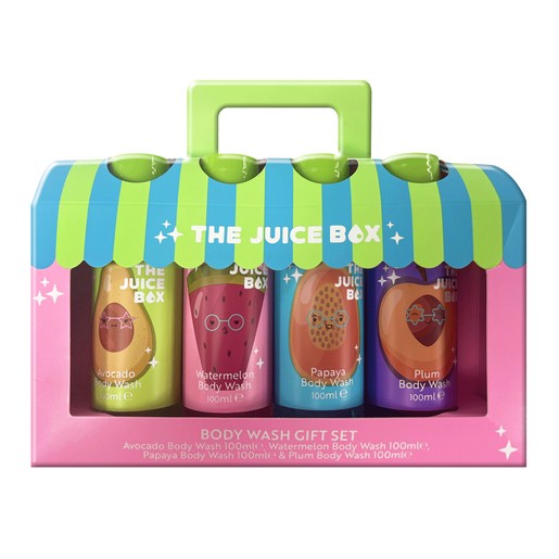 Colorful gift set featuring four 100ml body wash bottles in avocado, watermelon, papaya, and plum scents, packaged in a vibrant box with a green handle and playful design.