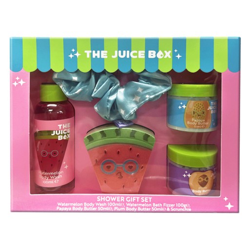 Brightly colored gift set featuring a watermelon-themed bottle of body wash, two jars of body butter, a bath fizzer, and a scrunchie, all in vibrant pink and green packaging.