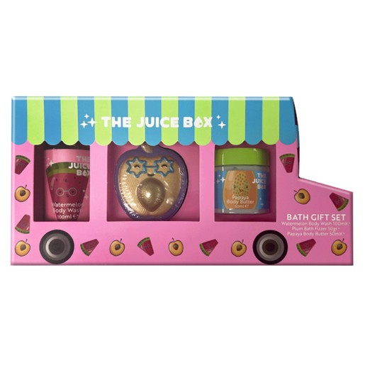 Colorful pink box resembling a juice truck, featuring three bath products: watermelon body wash, pineapple body butter, and a fun-shaped bath fizzer, all with playful designs.