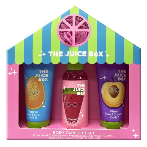 Colorful gift set in a house-shaped box featuring three products: papaya body lotion, watermelon body wash, and plum hand cream, each in vibrant tubes with playful designs.